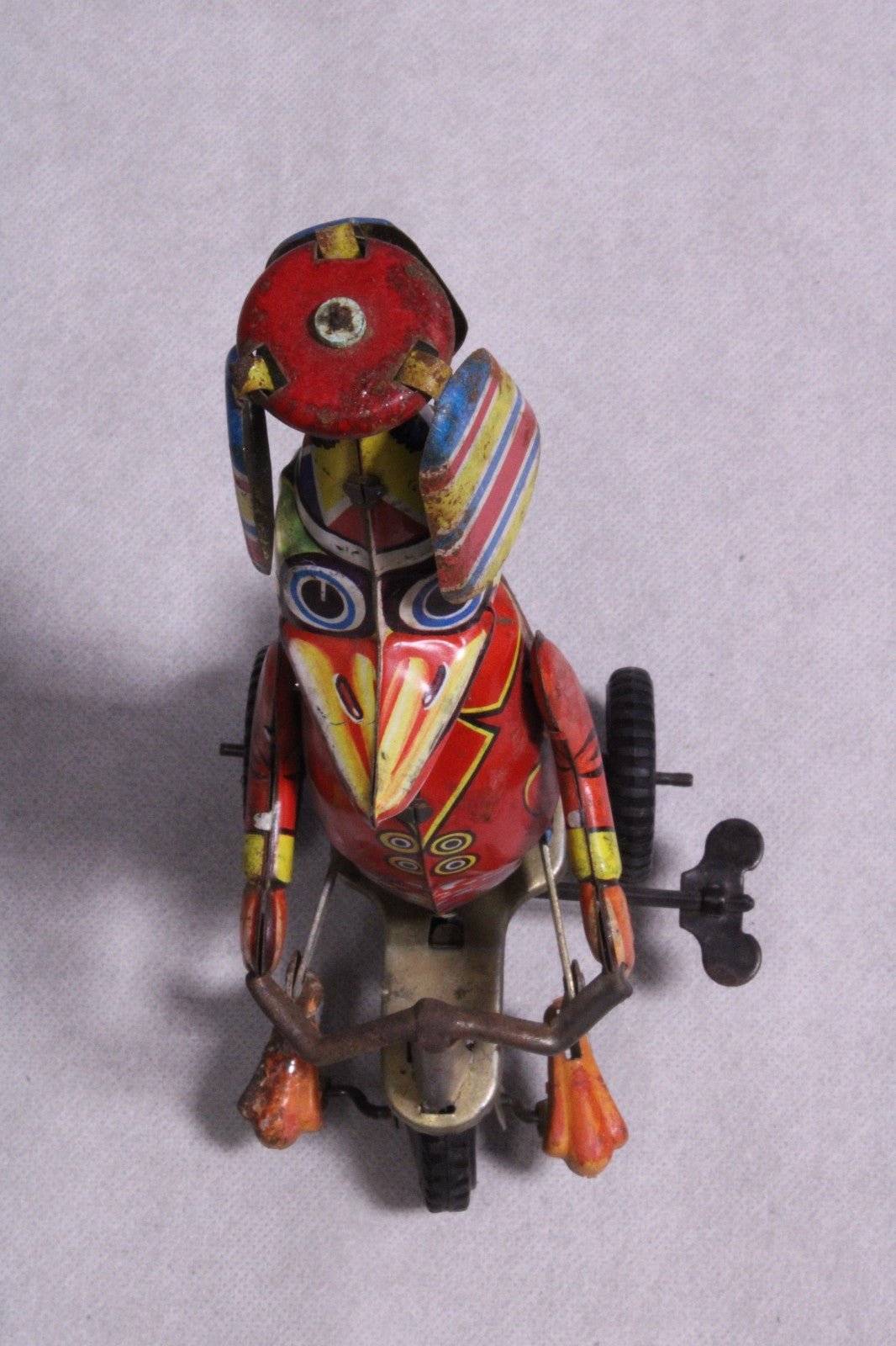 Vintage Wind - up Tin Toy "Duck on Tricycle" Propeller Toped Hat - FranksFunkyStuff