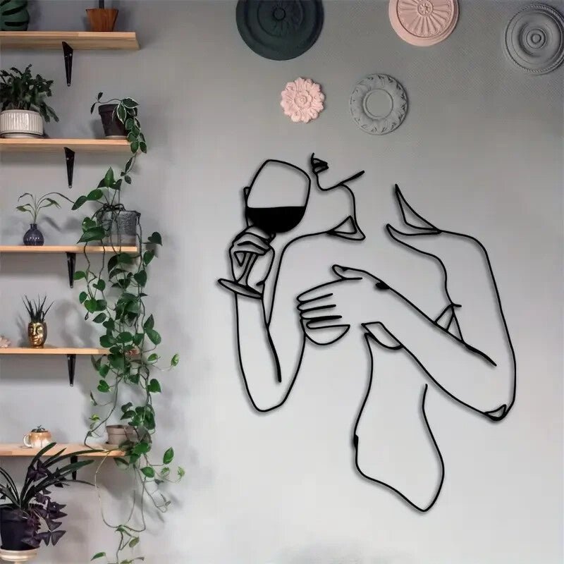 Wine - Drinking Woman Elegant Minimalist Metal Silhouette Wall Art - FranksFunkyStuff