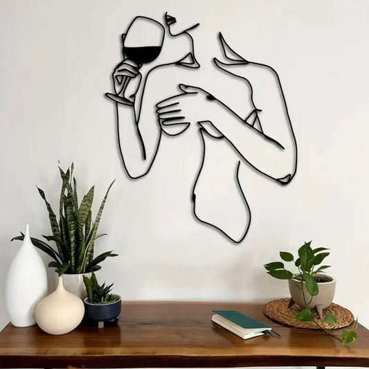 Wine - Drinking Woman Elegant Minimalist Metal Silhouette Wall Art - FranksFunkyStuff